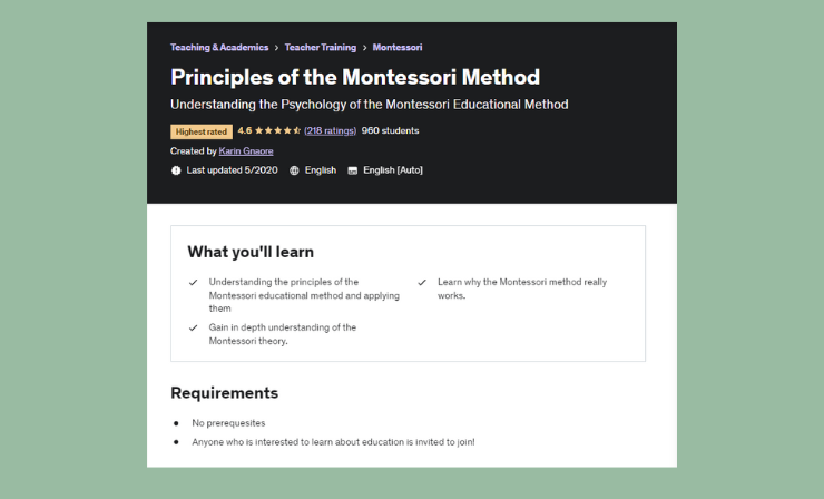 On the learning platform Udemy, you can sign up for a short course on Montessori teaching principles